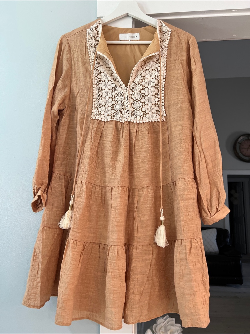 Zara Boho Crochet Lace Tiered Dress Cotton Long Sleeve Small NWOT size S